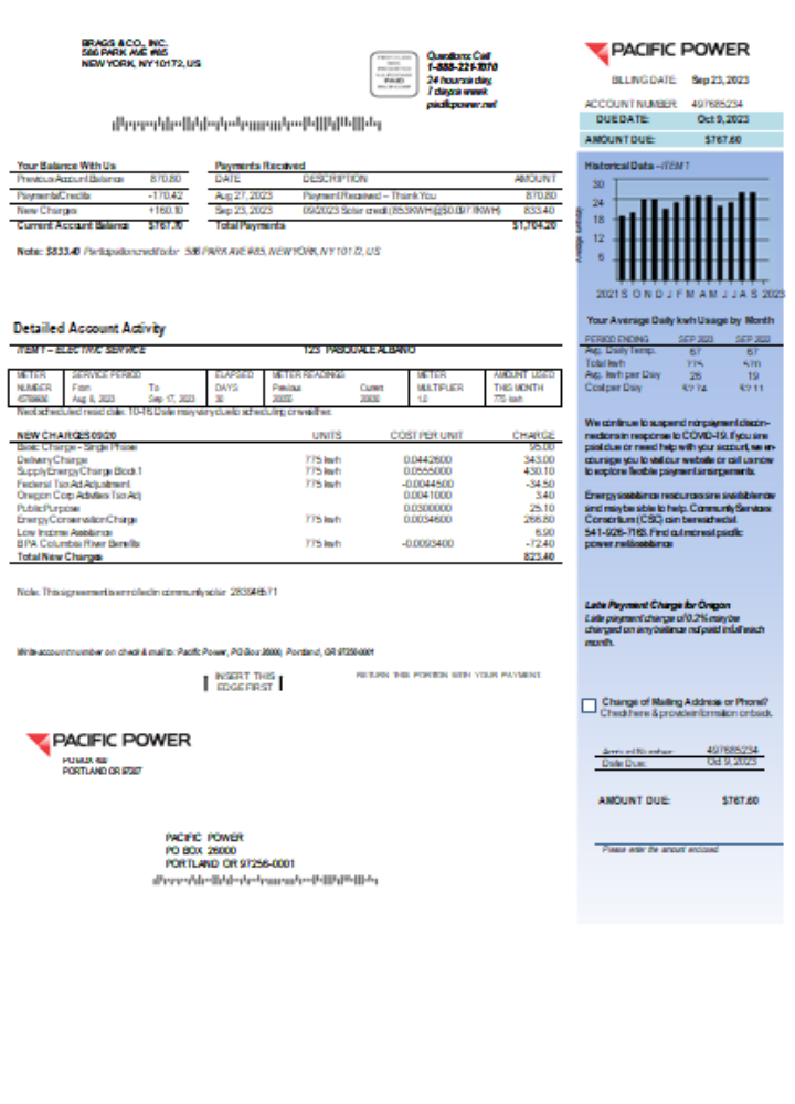 Pacific Power  utility business bill, page 1, SCR PSD template